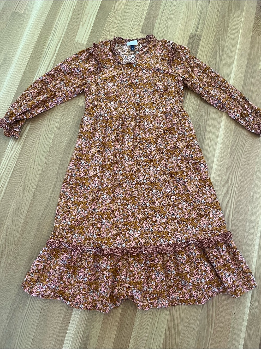 Universal Thread Rust Floral Long-Sleeve Ruffle-Hem Dress